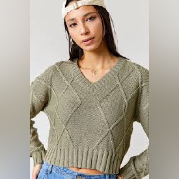Olive Cable Knit V-Neck Sweater - Picture 1 of 7